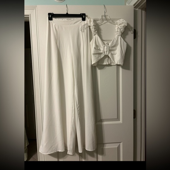White Two-Piece Set with Ruffled Top - Picture 1 of 1